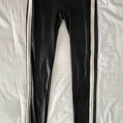 Spanx Faux Leather Stripe Legging Very Black/White Women’s Sz S Shapewear Casual